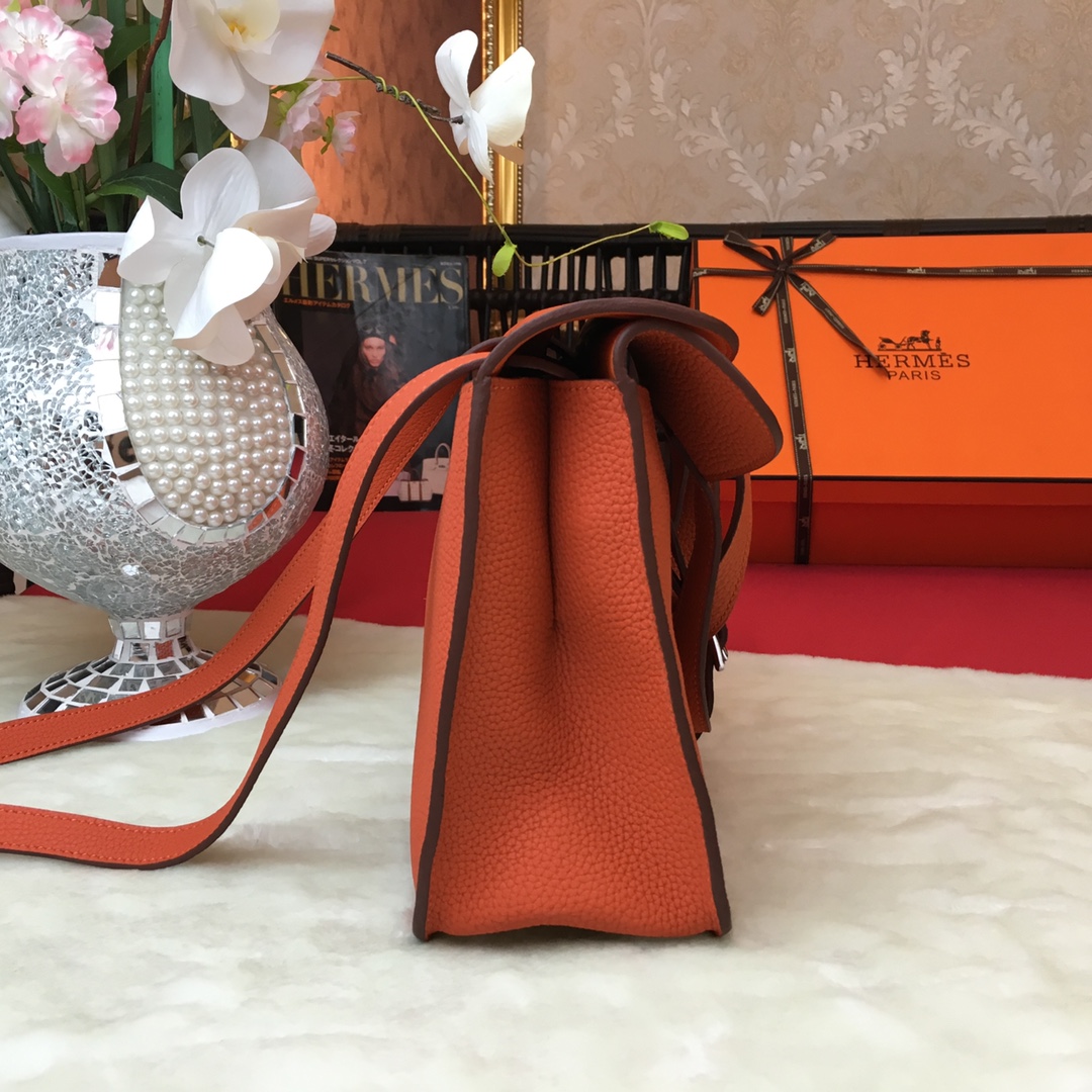 Hermes Halzan 31 Handbag Shoulder Bag In Feu Orange Clemence Leather